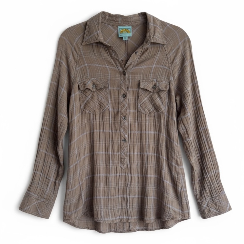 C&C California Plaid Button Henley Long Sleeve Top Gray Brown Boho Relaxed XS